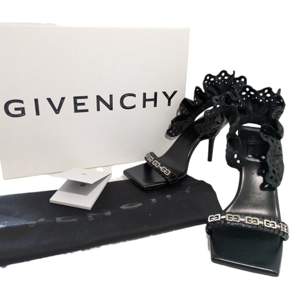Givenchy G Black Lambskin Chain Ruffle Sandals New EU 37 Square Toe Slingback - Picture 1 of 16